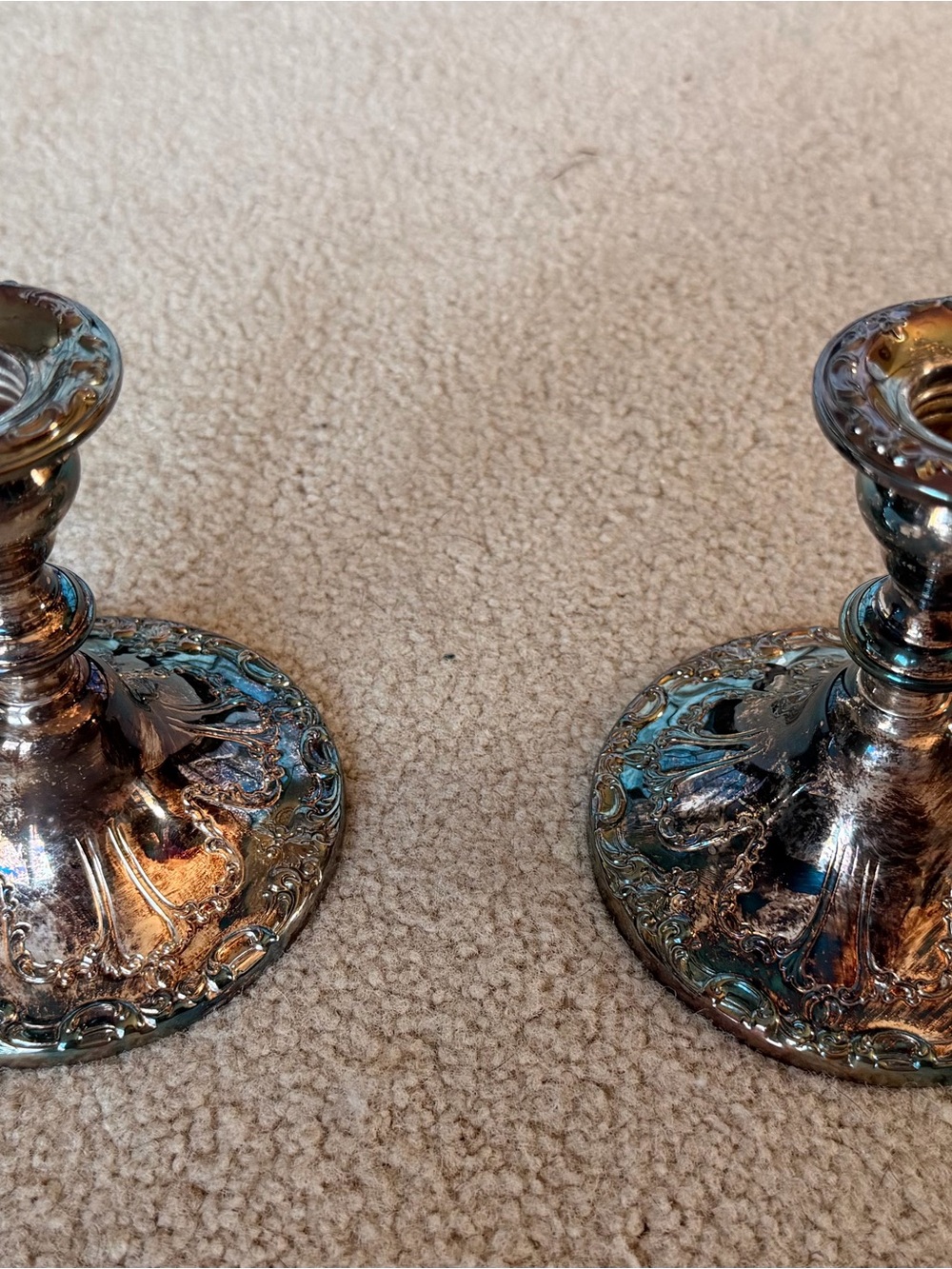 Gorham Silver-Tone Embossed Metal Candlestick Pair